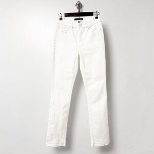 Eva Longoria Straight Leg Frayed Side Slit Hem Winter‎ Casual Chic Denim White